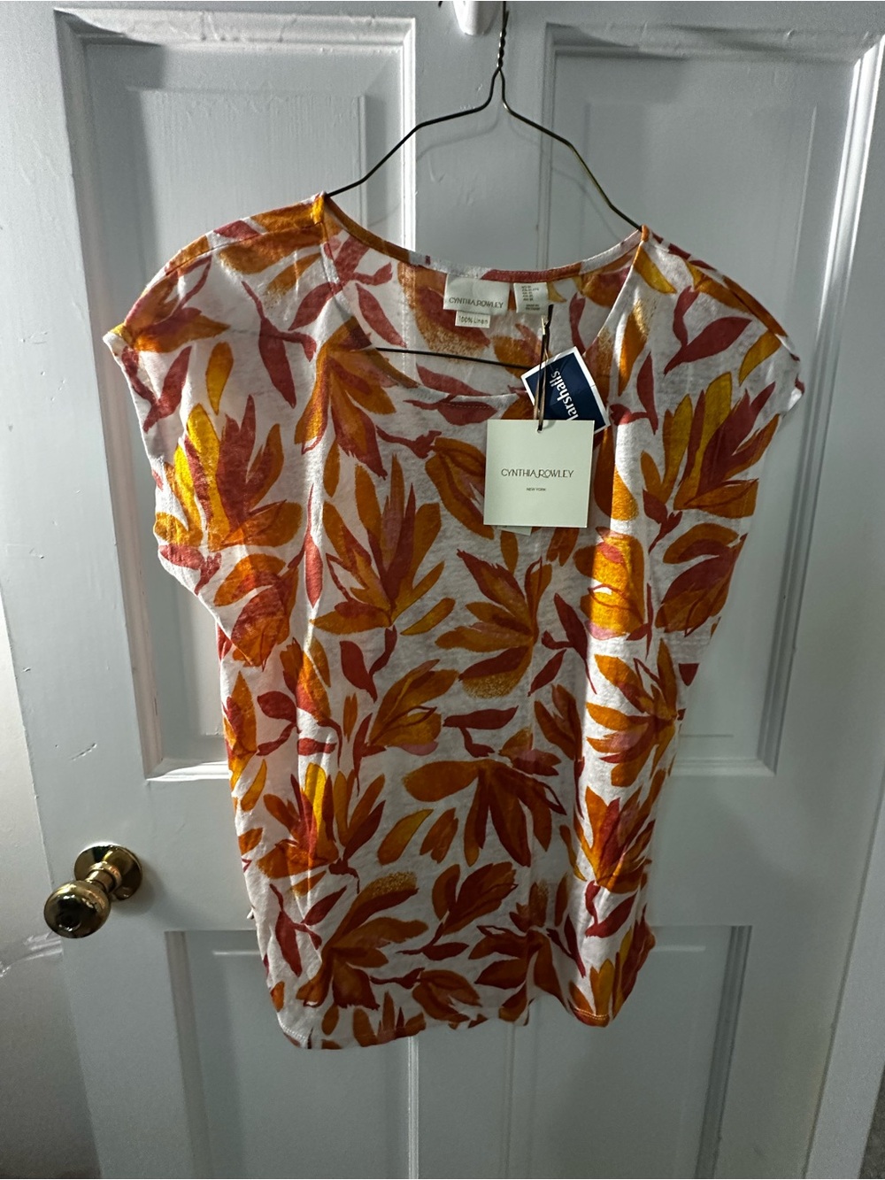 Cynthia Rowley Women's Orange & Red Leaf Print Short Sleeve Top